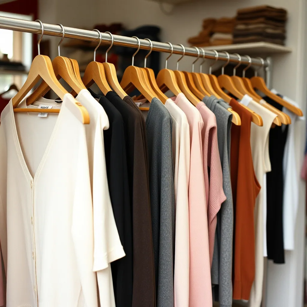 A rail of cardigans and cotton tops on wooden hangers, photographed down the length of the rack.