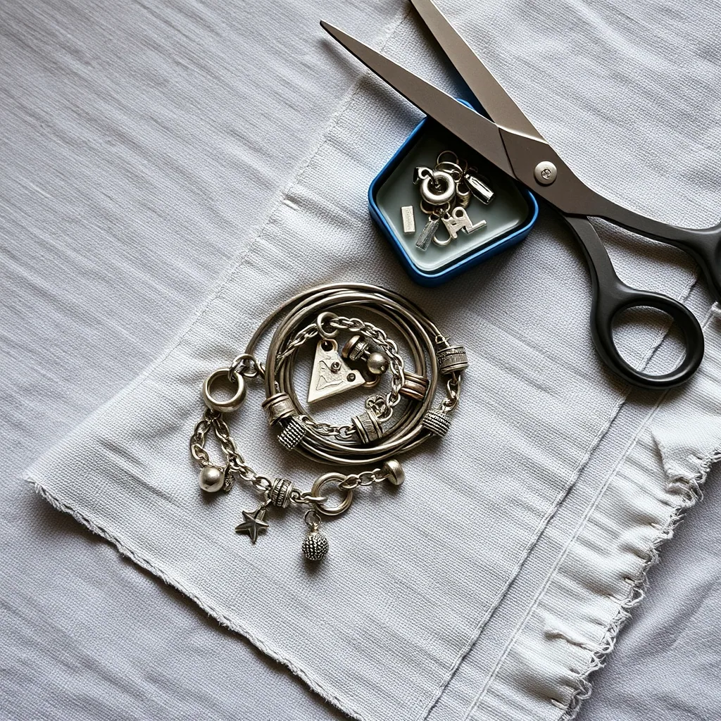 A silver charm bracelet coiled on a linen cloth beside a small open tin of loose charms and a pair of scissors.