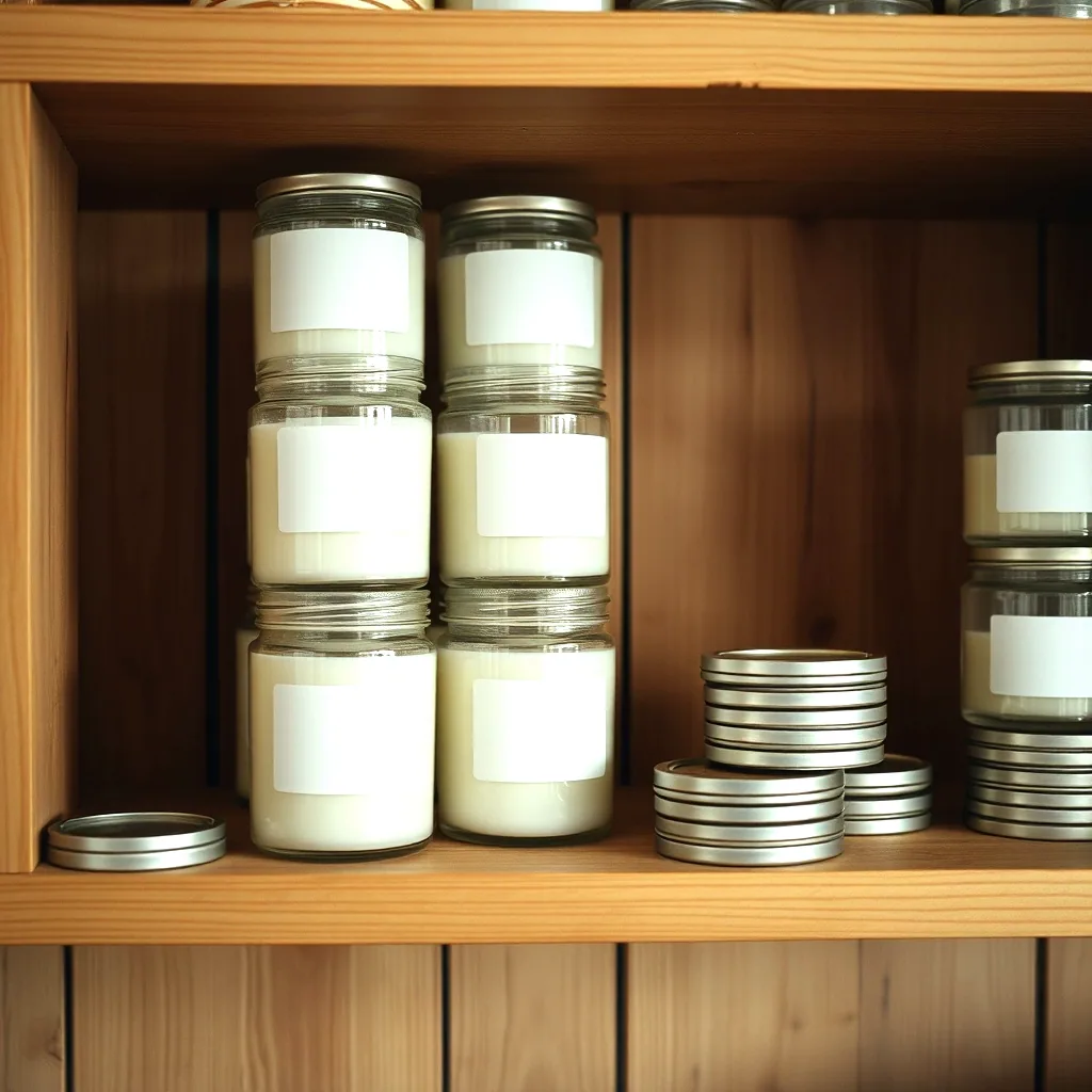A wooden shelf of poured candles in glass jars with plain labels, lids stacked beside them.