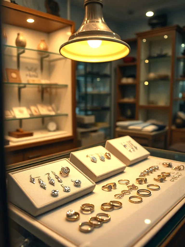 A glass jewelry case under a hanging lamp, earrings and stacking rings laid out on linen pads.