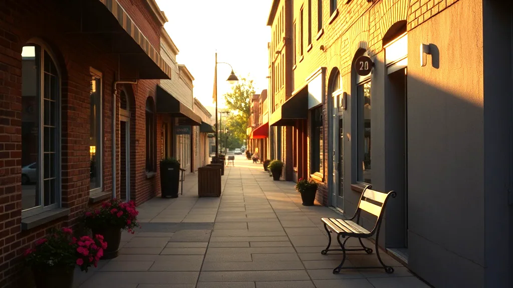 A small town sidewalk in late afternoon, brick storefronts with awnings, potted flowers and a bench outside an open door.