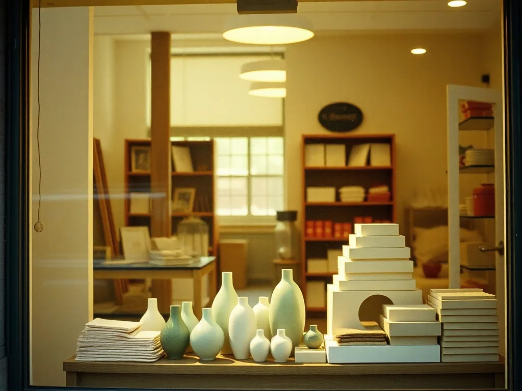 A shop window seen from inside, morning light across a table of pale vases, stacked boxes and folded linens.